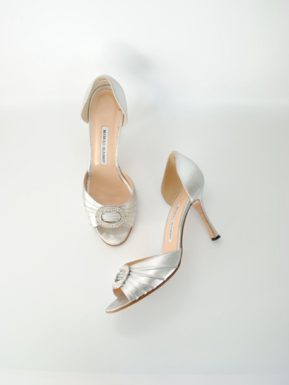 Manolo Blahnik Silver Leather D'Orsay Peep-Toe Heels with Crystal Buckle